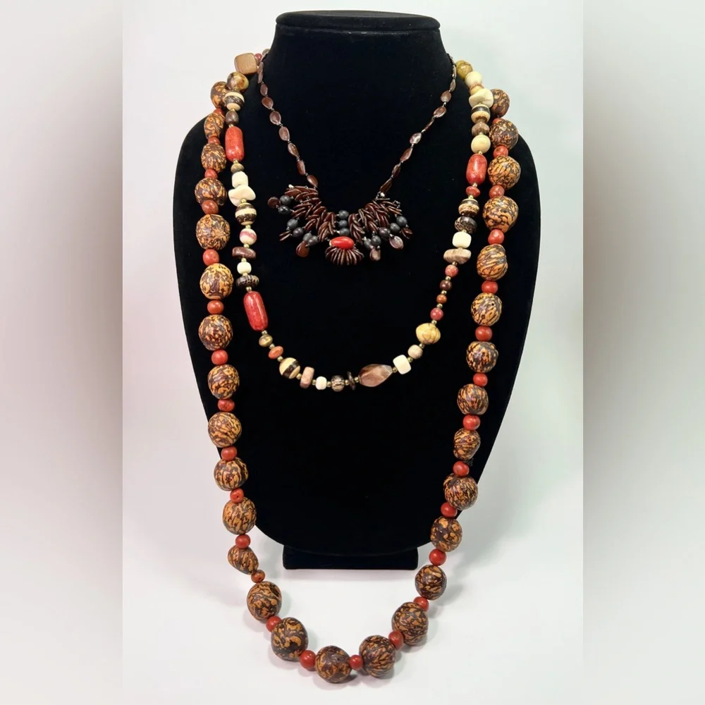 Set of 3 Vintage African Tribal Necklaces Handcrafted Beaded Wood Bone Jewelry - Picture 8 of 8